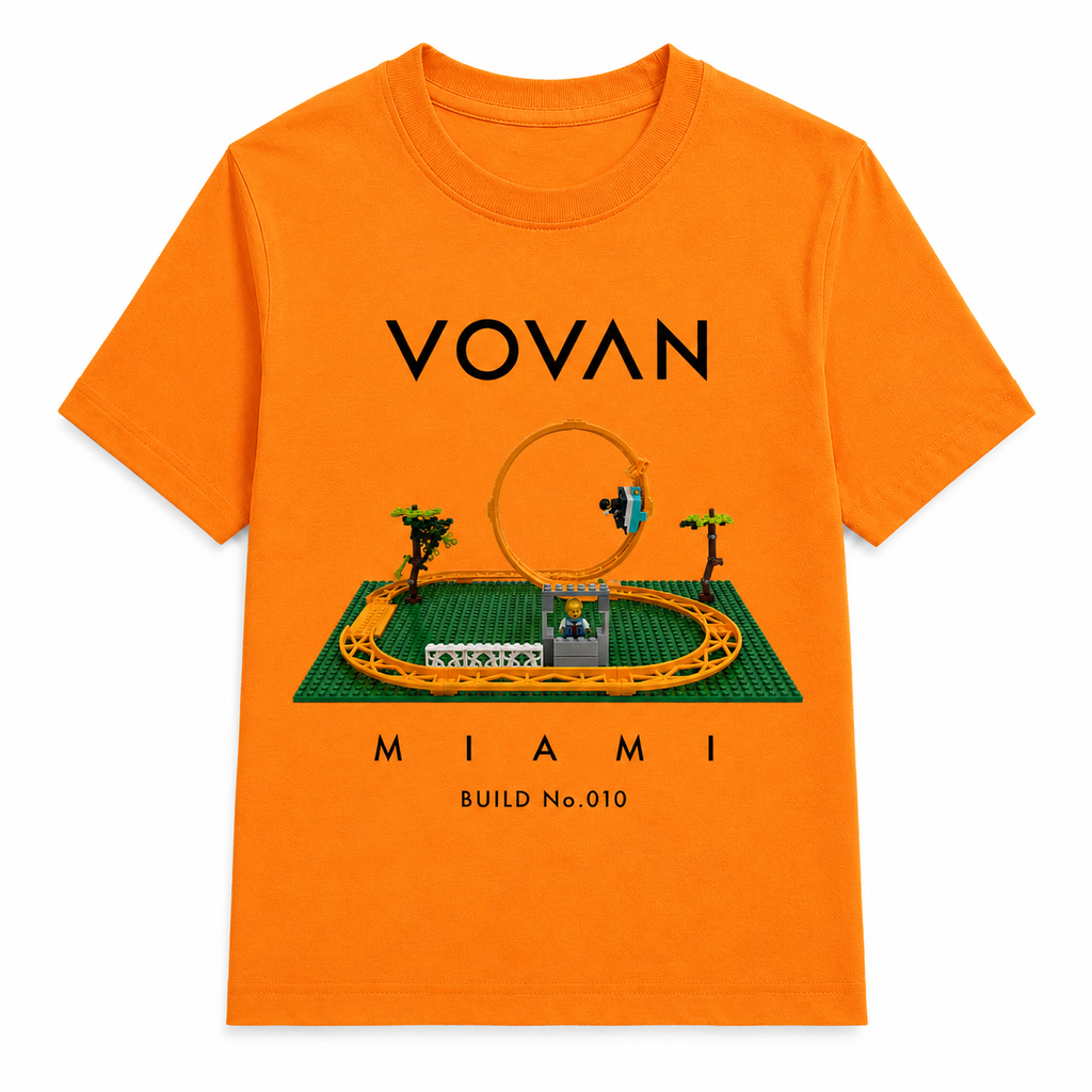 2. Premium VOVAN MIAMI kidswear T-shirt featuring handmade LEGO build artwork by a young creator