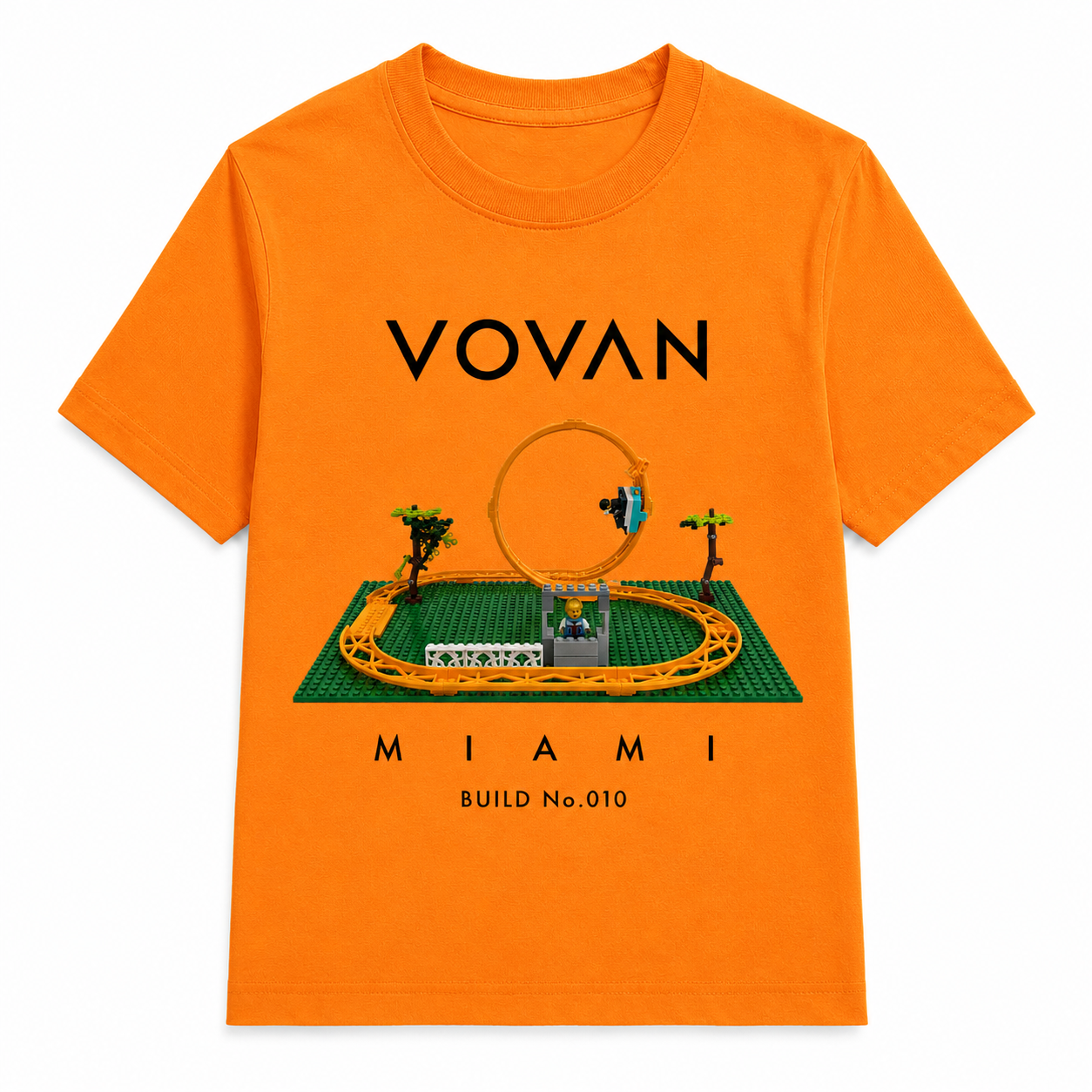 2. Premium VOVAN MIAMI kidswear T-shirt featuring handmade LEGO build artwork by a young creator
