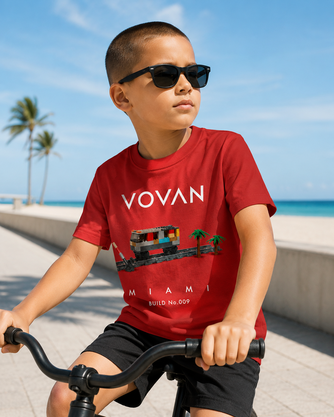3. VOVAN MIAMI white kids T-shirt with exclusive LEGO build print created by a 9-year-old designer