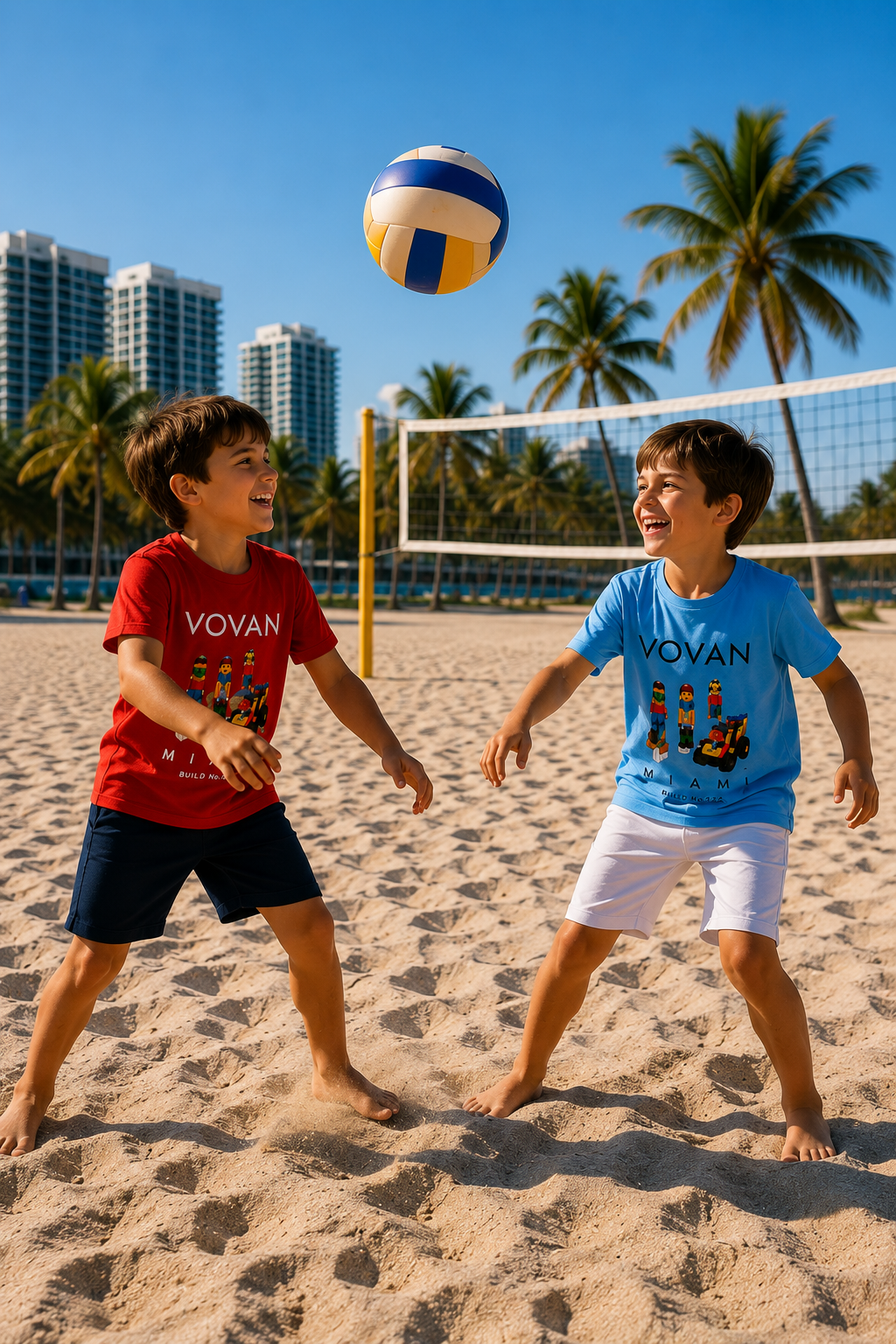 13. VOVAN MIAMI Miami kidswear brand featuring real handmade LEGO builds turned into kids T-shirts play soccer on the Miami Beach 